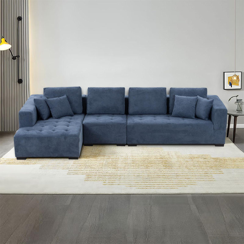 Canapé et méridienne Ambrosio, Polyester bleu, Accoudoir à gauche (vu de face)