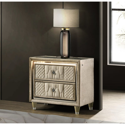 Camel And 2 Nightstand With Led Dual - Soft Glow From Led, Fully Upholstered In Velvet, Clear Tempered Glass Top, Built-in Ports, Felt-lined Drawer, Solid Engineered Wood Build