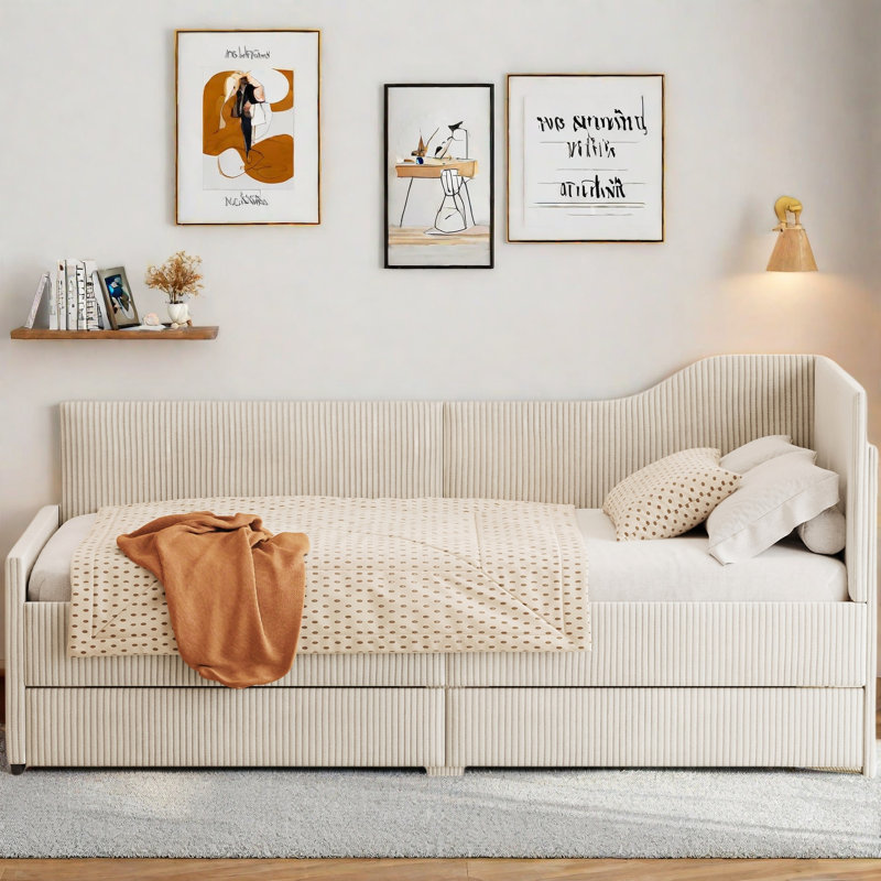 L-shaped Corduroy Daybed With 2 Storage Drawers, Beige
