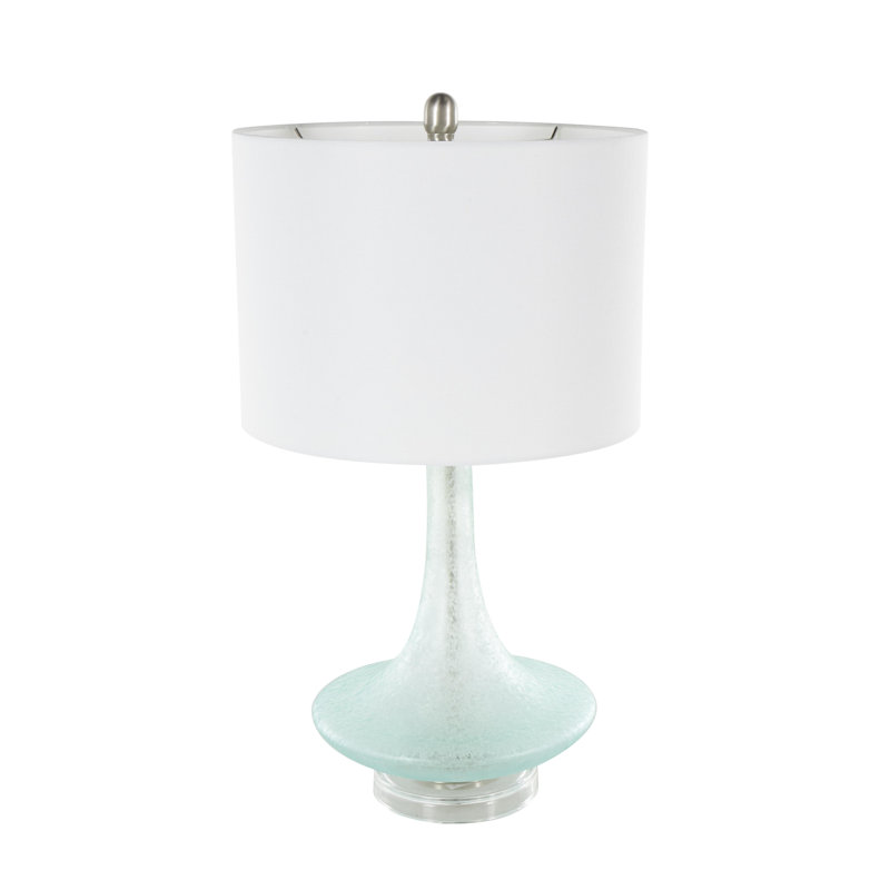 Cole And Grey Glass Textured Frosted Round Room Table Lamp With White Drum Shade And Silver Base