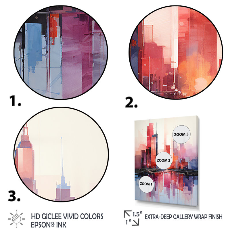 Rose et bleu gratte-ciel New York City V - gratte-ciel, art mural, Cadre flottant noir, H 32 po x l 24 po x P 1 po