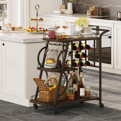 Rural bar cart, three-tier family rolling bar cart, industrial home service cart with wine glass holder