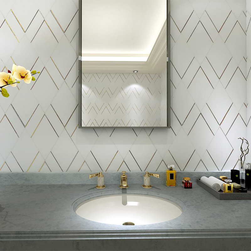 Enver 12x15 Diamond Polished Marble & Brass Inlay Mosaic Tile, Thassos/Brass