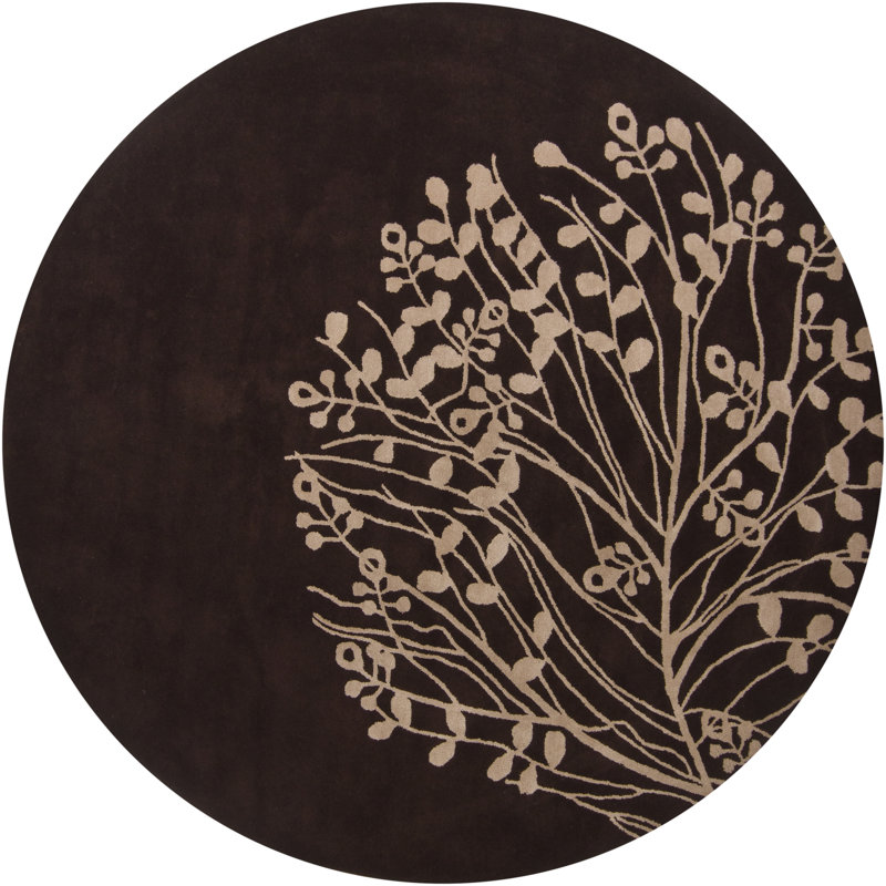 Tapis en laine touffeté à la main à motif floral Fayetteville, Rond 7 pi 9 po, Brun/brun clair