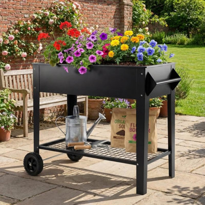 Lit de jardin surélevé 39 pouces avec roulettes, jardinière surélevée en métal avec tablette de rangement, capacité de 400 lb