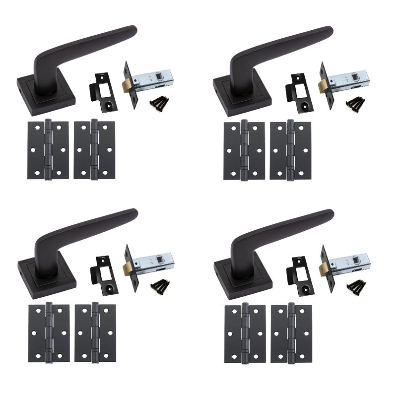  4 Set Venus Door Handles on Square Rose in Stunning Matt Black Finish Complete with 64mm Tubular Latch and Ball Bearing Hinges