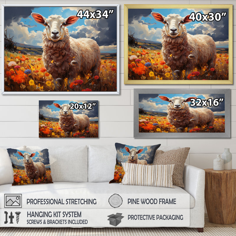 " Sheep Vibrant Meadows ", Gold Single Picture Framed, 12" H x 20" W x 1" D