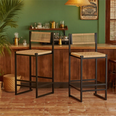 Set of 2 kitchen bar stools with footrest, paper rope weave counter height dining chairs, style b