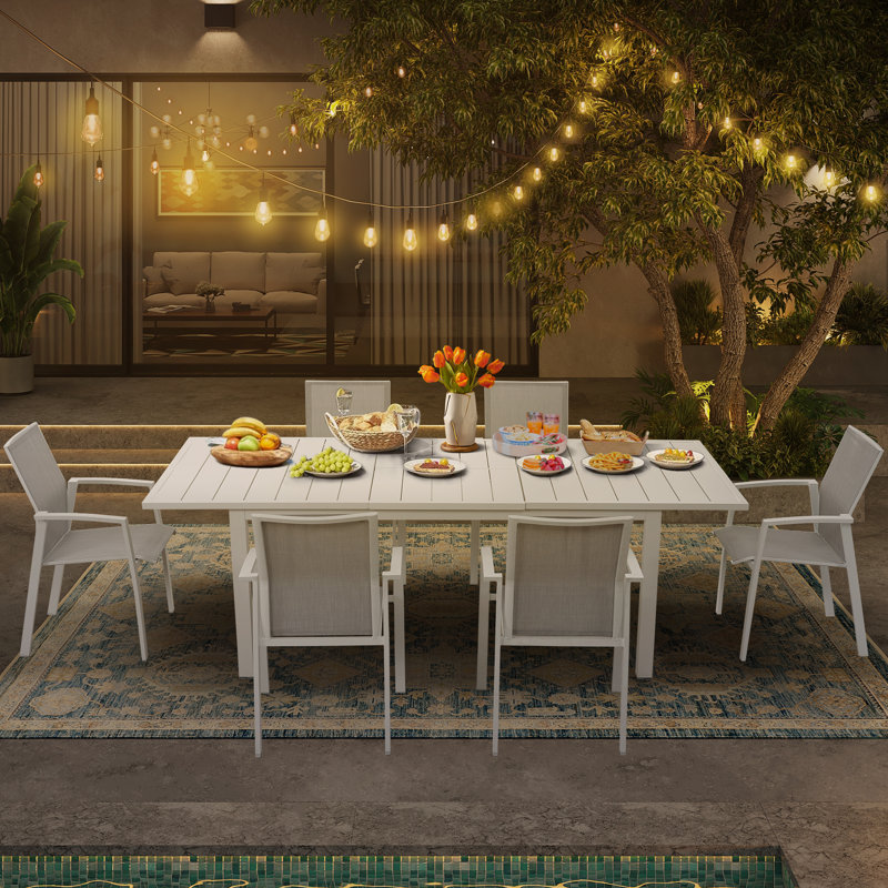 Calliana Extendable Rectangular Aluminum Outdoor Dining Table, White, 91.33"
