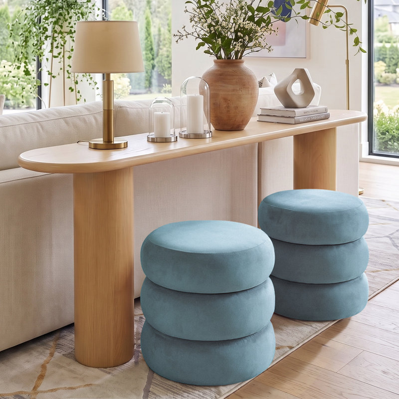 Ensemble de console 70 po en chêne avec 2 repose-pieds ronds rembourrés, Bois naturel / bleu