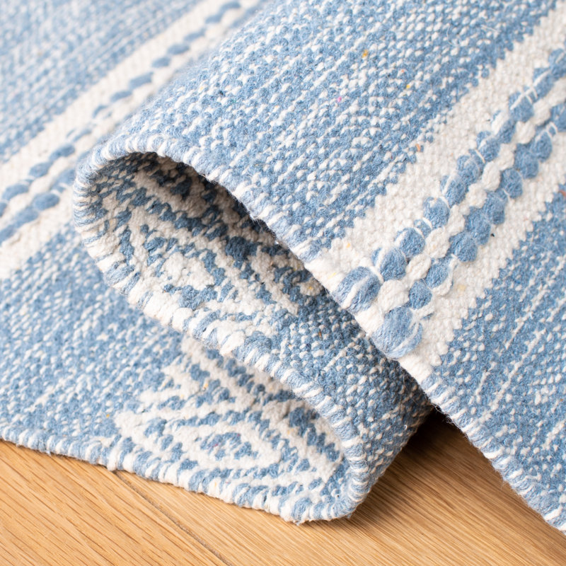 Addilynn Striped Hand-Woven Flatweave Cotton Blue/Cream Area Rug, Square 7'