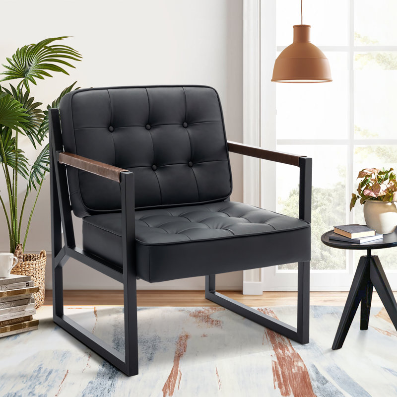 Modern Faux Leather button-tufted design Accent Chair with Metal Farme 110° Recline, Black Faux Leather
