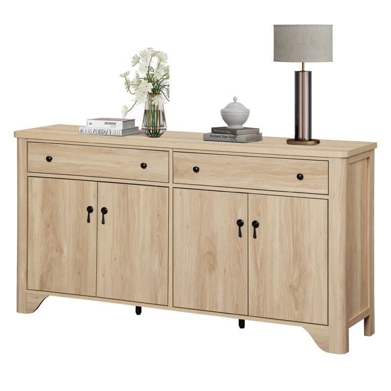 Farmhouse 59" Wide Sideboard Buffet With 4 Doors And 2 Drawers, Adjustable Shelves, Oak, Oak