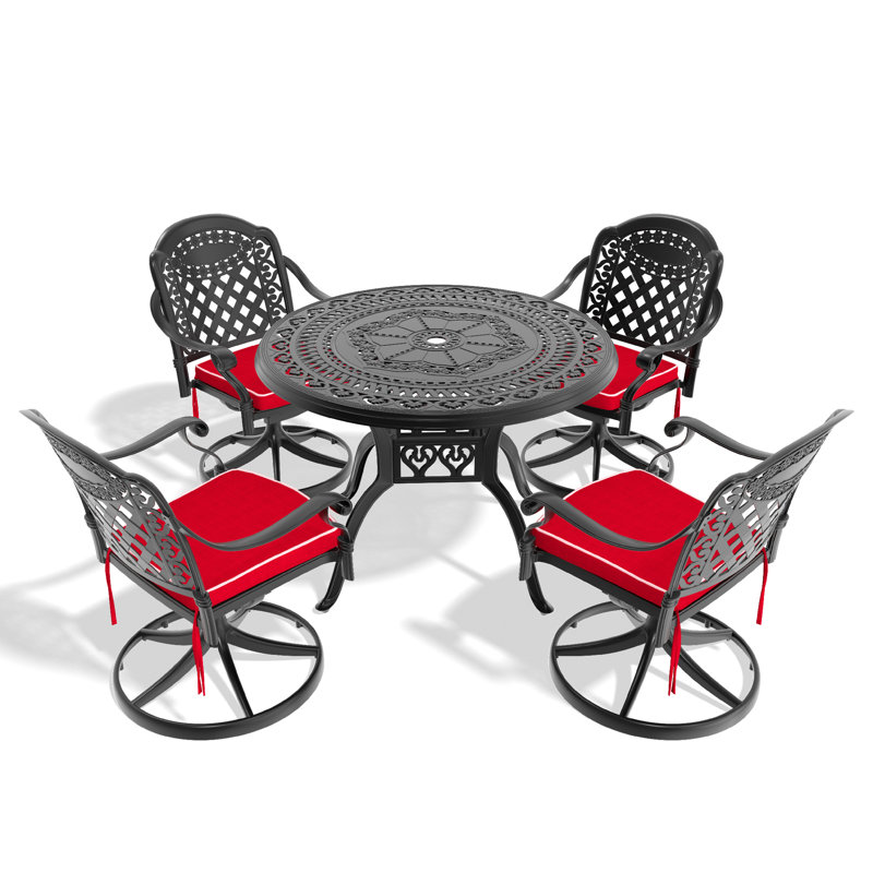 5 Aluminum Dining For Backyard - 4 Swivel Chairs & 39.37" Round Table In Black All-Weather Cast Combination