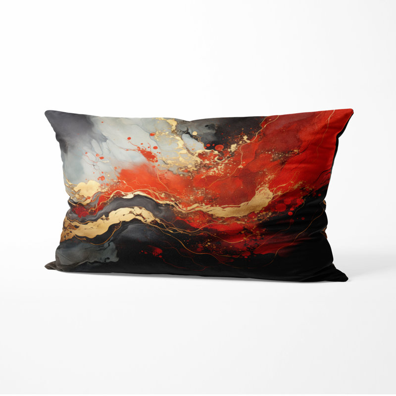 Coussin décoratif avec motif marbre rouge et or - Coussin imprimé abstrait, H 12 po x l 20 po