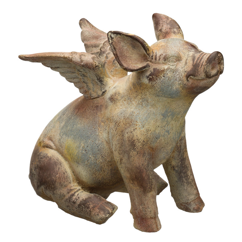 Rustic Brown and Blue Handcrafted Flying Pig Statue 11"
