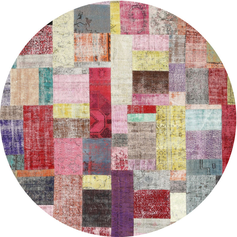 Tapis rouge/brun/bleu zone contemporaine, Rond 4 pi