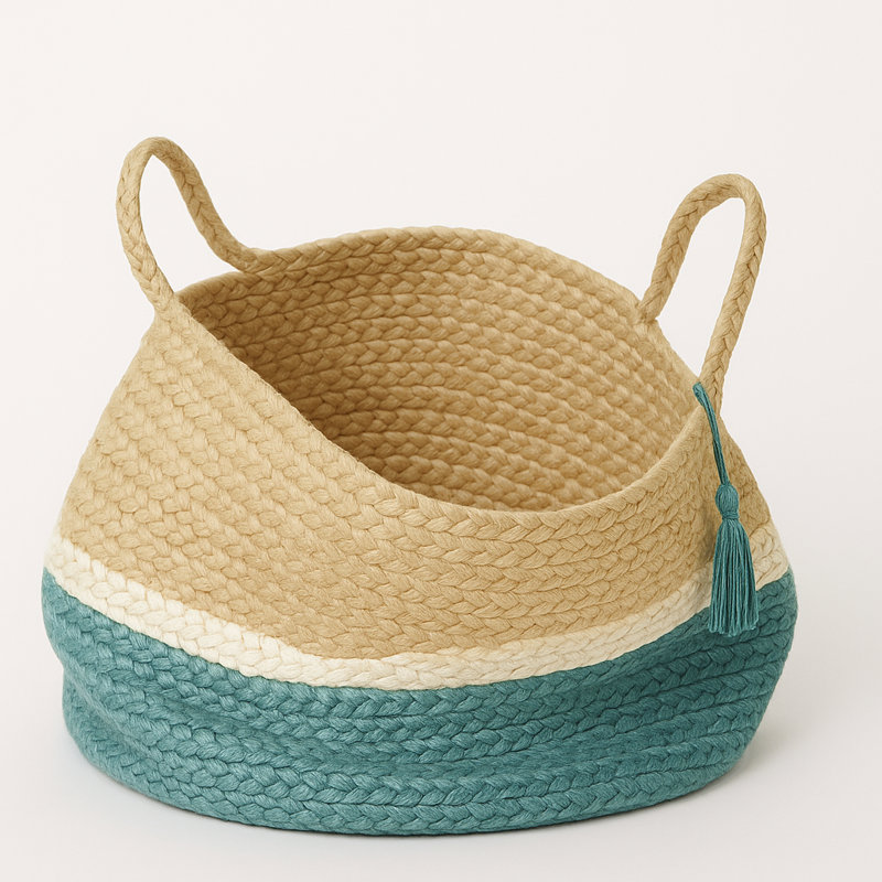 Handmade Natural Jute Relaxed Storage Basket, 19" H x 19" W x 19" D, Tan/Blue