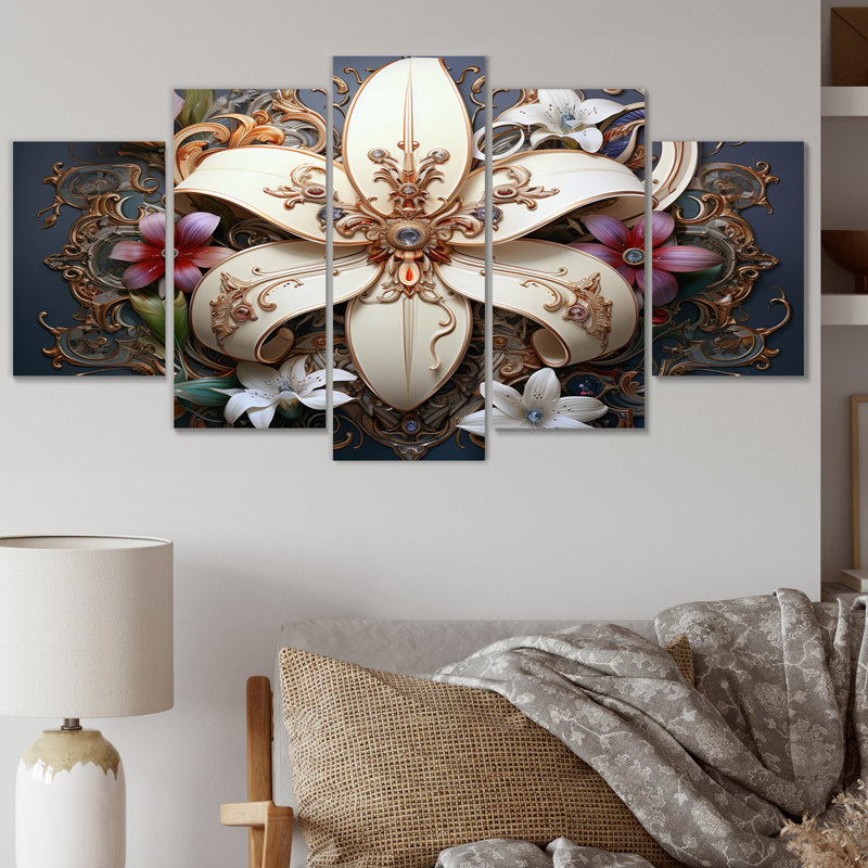 Fleur de lis A fleur de lis stylisée I - Art mural sur toile floral - 5 panneaux