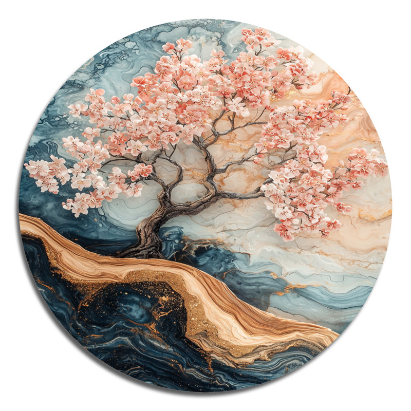 Art mural rond en métal Kahseem - Cherry Blossom, H 16 po x l 16 po