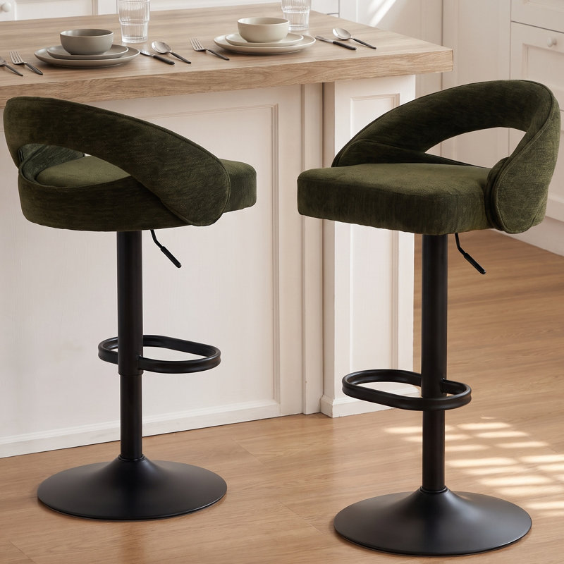 Ensemble de 2 tabourets de bar à hauteur réglable, tabourets de comptoir pivotants en tissu chenille, tabourets de bar de cuisine rembourrés avec dossier ajouré incurvé, tabourets de pub modernes, vert