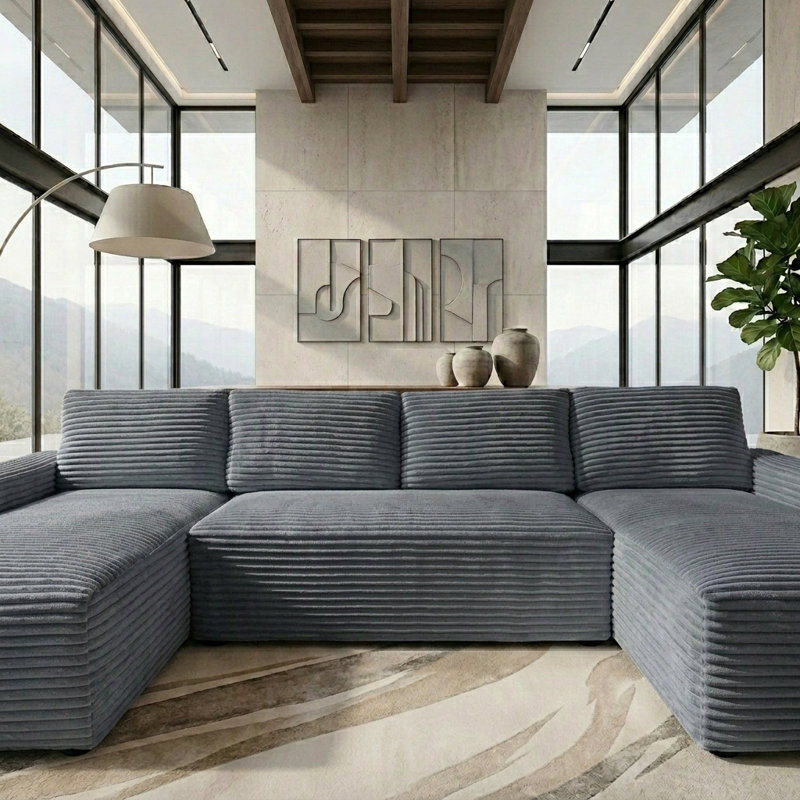 Canapé modulaire en velours côtelé 133,4 po en forme de U - Moderne et adapté au salon, confortable, canapé combiné au salon, canapé modulaire désossé, causeuse à vide, sans assemblage, gris