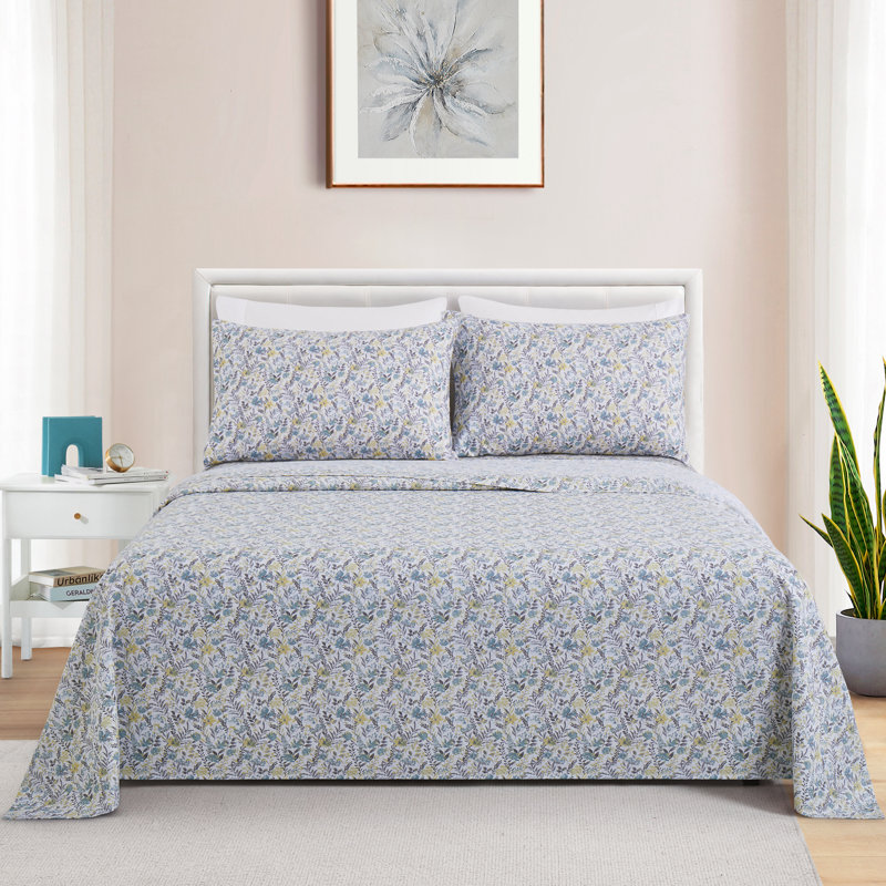Ensemble de draps en rayonne de bambou toutes saisons 6 pièces avec 4 taies d'oreiller, motif floral jaune / bleu sarcelle Marina