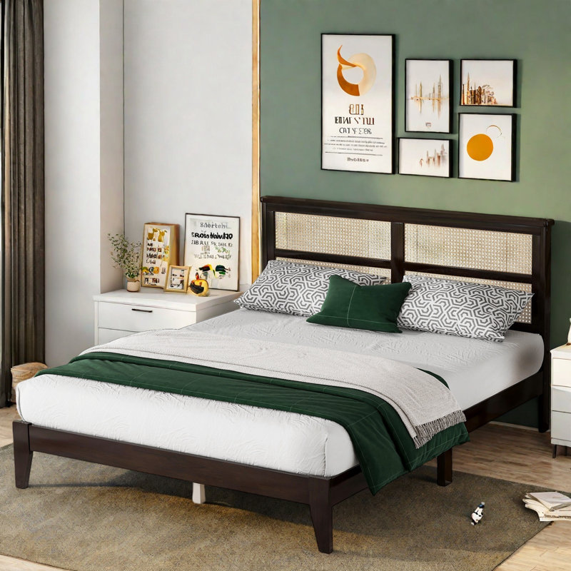 Wooden Platform Bed With Rattan Headboard