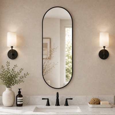 18" x 40" Oval Black PVC Frame Bathroom Mirror, HD Glass, Waterproof, Versatile Hanging