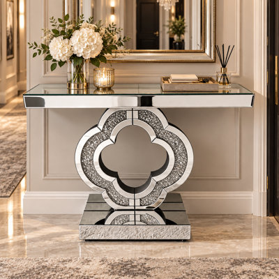 Console à miroir de 43,3 pouces pour le vestibule étroit: la base en cristal broyé de trèfle scintillant convient à un espace de 13,7 pouces - table d'appoint glamour sans oscillation pour le couloir du salon