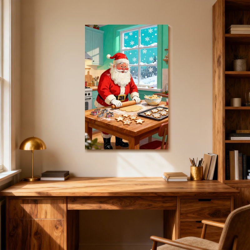 Noël, père Noël, cuisinant des biscuits dans la cuisine, scène d'hiver, H 40 po x l 28 po