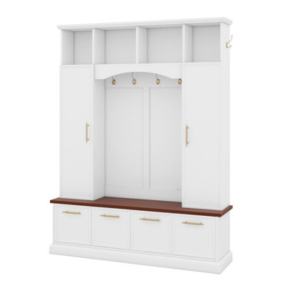 59" Farmhouse Hall Tree With Golden Hooks & Walnut Bench, Entryway Organizer With Adjustable Shelves, Shoe Storage