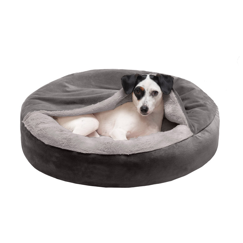 Velvet Wave Fur Hooded Donut Dog Bed, Small (24" W x 24" D x 7" H ), Dark Gray