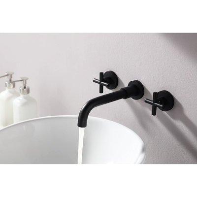 Wall Mount Bathroom Faucet In Matte Black With Double Handles - Rust, Corrosion, Scratch, Tarnish, Spot 1.5 Gpm Flow Rate 8" Spout Height, 7" Reach 3" Centers Deck Plate, Drain Assembly Overflow