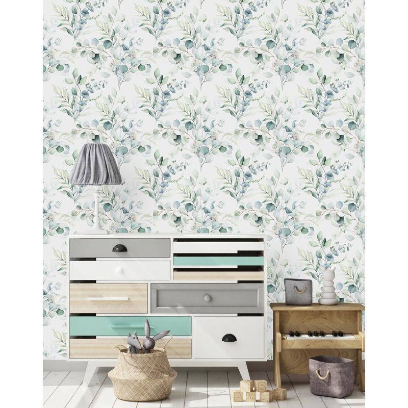 Panneau de papier peint à feuilles et aquarelle vert L 18,75 pi x l 25 po