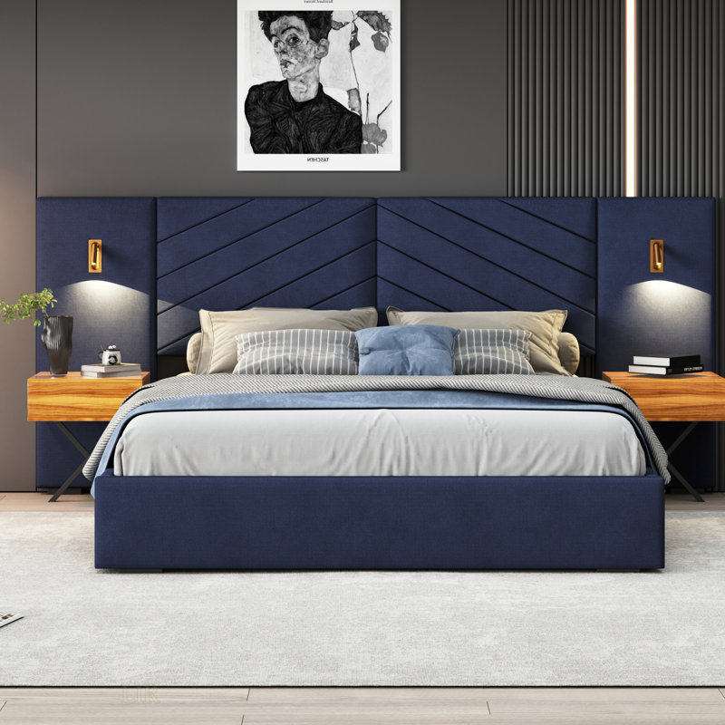 Velvet Bed Frame/Vertical Channel Tufted Wingback Headboard, Queen