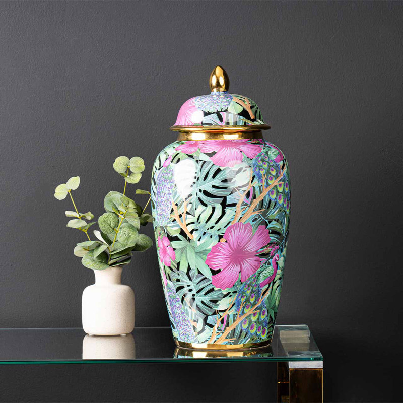 Abdulkader Modern Ceramic Ginger Jar with Lid, Stylish Living Room Decor, 43cm H x 21.8cm W x 21.8cm D