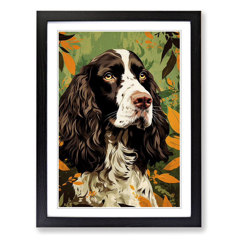English Springer Spaniel Art Deco - Single Picture Frame Print on Wood, Black, 46cm H x 34cm W x 2cm D