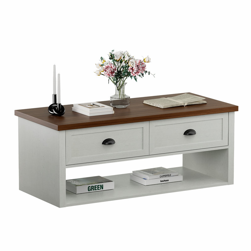 Farmhouse Coffee Table With 2 Drawers For Living Room,White, Brown Top/White Base