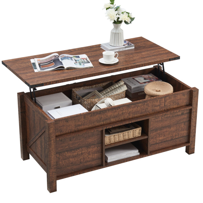 Table basse de rangement à plateau relevable de 48 po avec porte de grange coulissante et tablette réglable, Bois brun