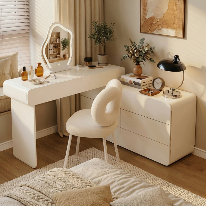Meuble-lavabo extensible facile à installer de 47,24 po à 90 po, coiffeuse moderne avec 8 tiroirs de rangement, coiffeuse crème en L ou disposition droite pour différentes maisons