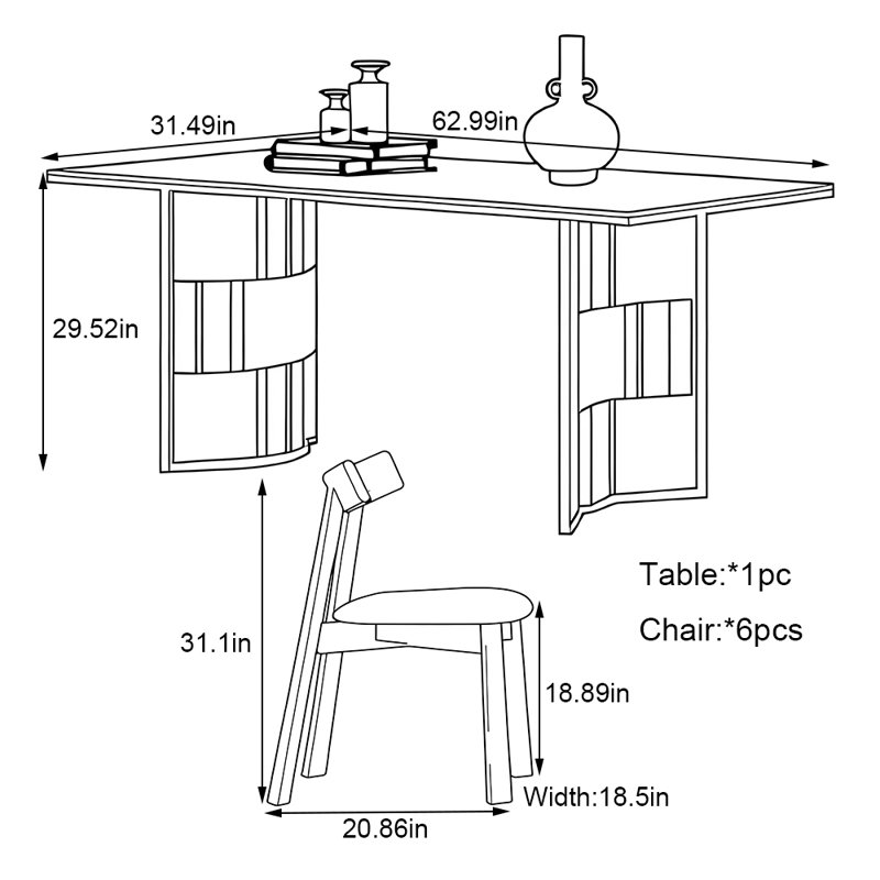 Ensemble de table de salle à manger rectangulaire, H 29,52 po x L 62,99 po x l 31,49 po