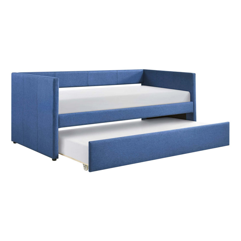 1Pc Daybed With Trundle Fabric Upholstery Wooden Frame Modern Home Furniture, Blue