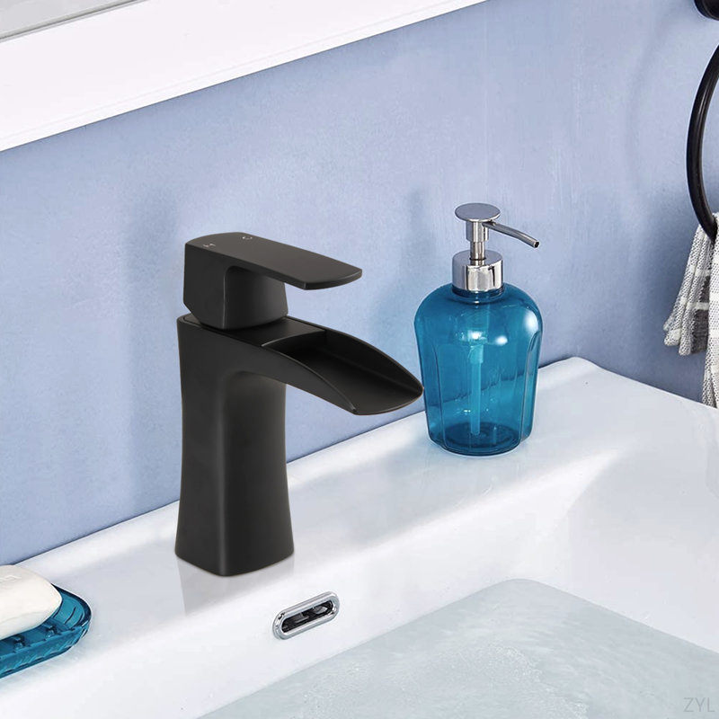 ADA Waterfall Bathroom Faucet - Single Handle Brass Faucet With Drain, Matte Black
