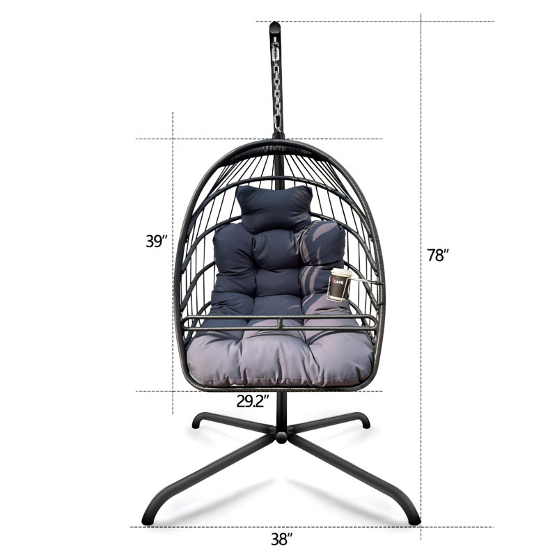 Fauteuil pivotant avec support de type C en osier avec support et coussin, chaise suspendue pliante en osier pour l'extérieur