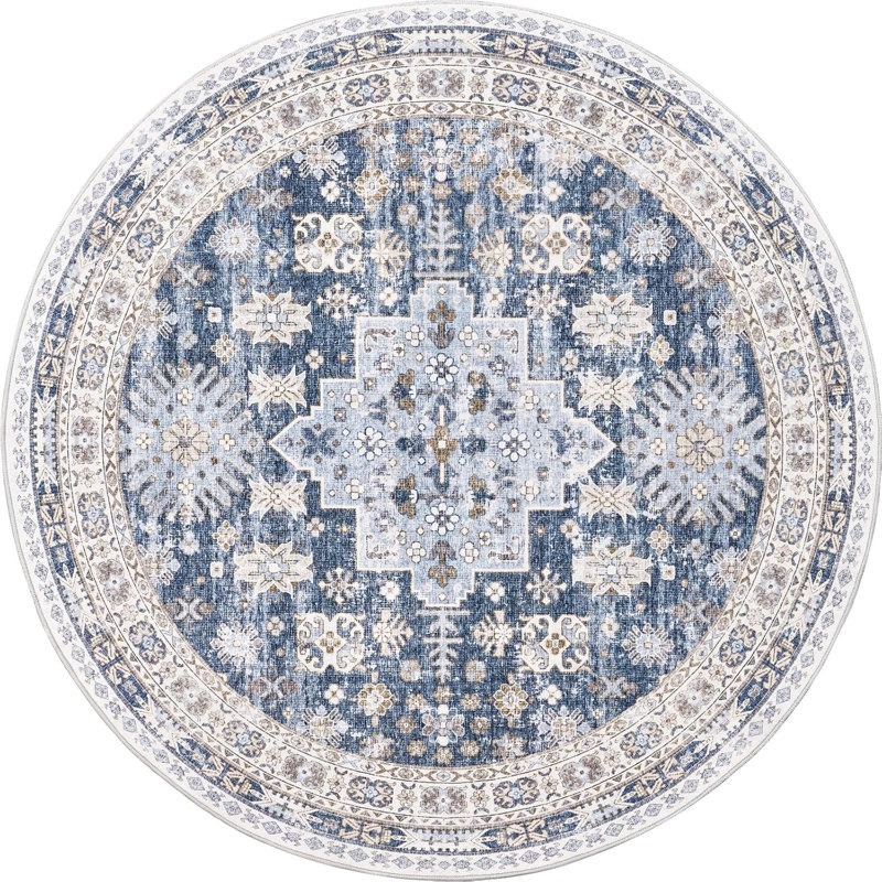 Medallion Non Slip Washable Area Rug(Blue), Round 4'