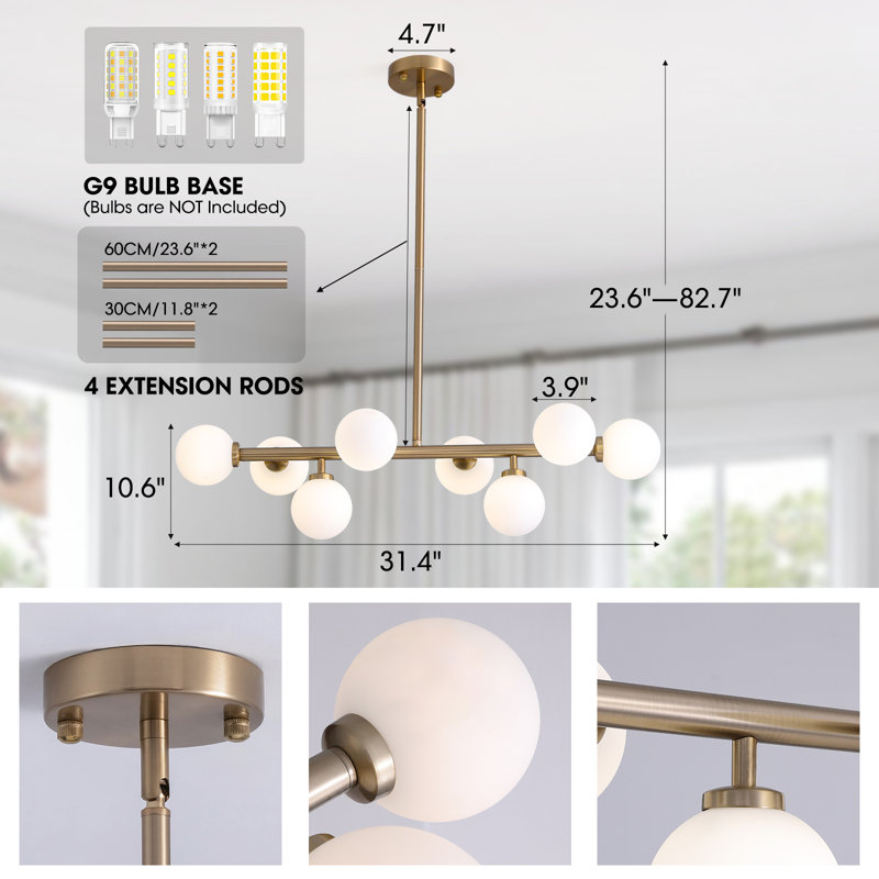 Lustre spoutnik linéaire en métal 8 lumières Jewellia avec abat-jour en verre, Blanc