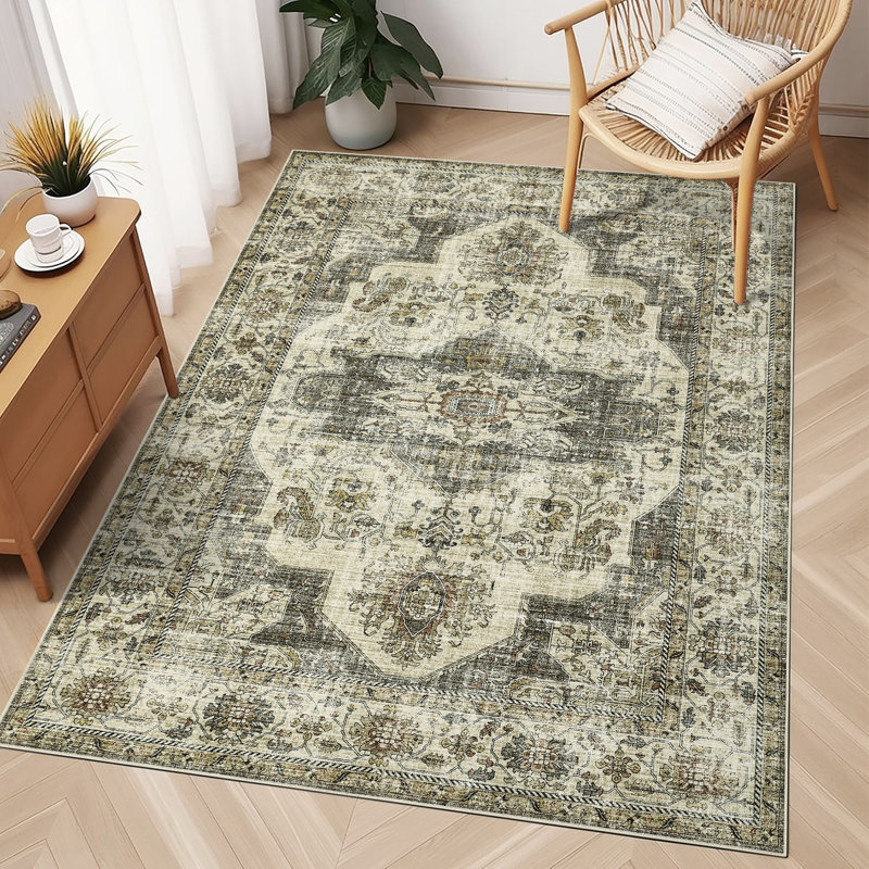 Tapis de salon 8 x 10 lavables pour chambre à coucher Tapis antidérapant antidérapant pliable pour chambre d'enfant, Beige