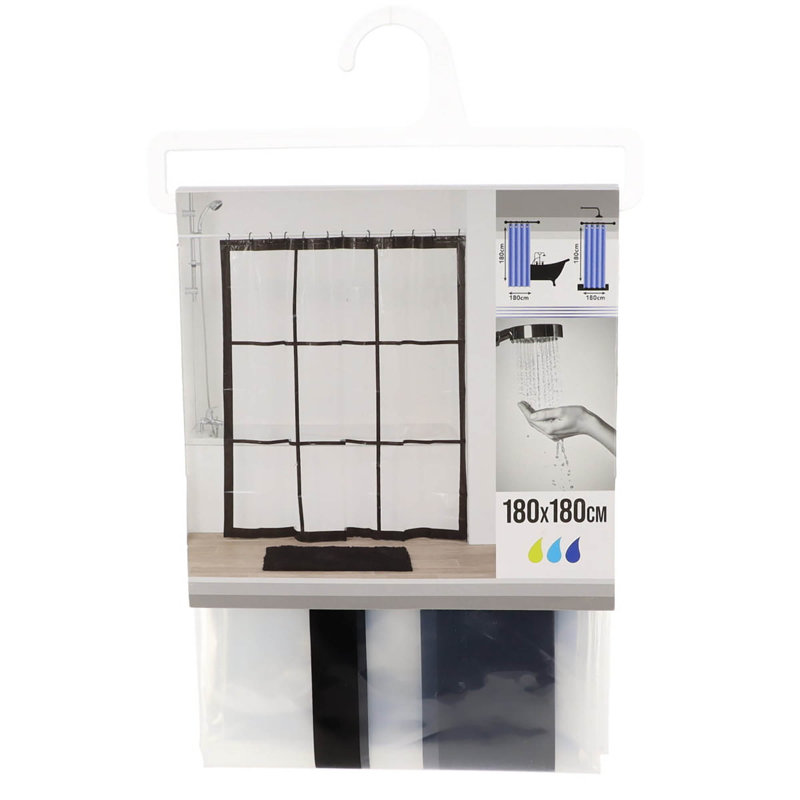 Clear PEVA Shower Curtain with Black Window Design, 71x71 Inches