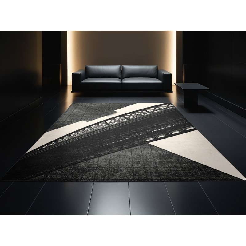 Soft Plush Beecher Sydney Harbour Bridge Industrial Geometric Area Rug in Gray – Black Binding, 8x10